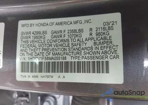 2021 Honda Accord Ex-L z USA, uszkodzony, nr VIN 1HGCV1F58MA055188